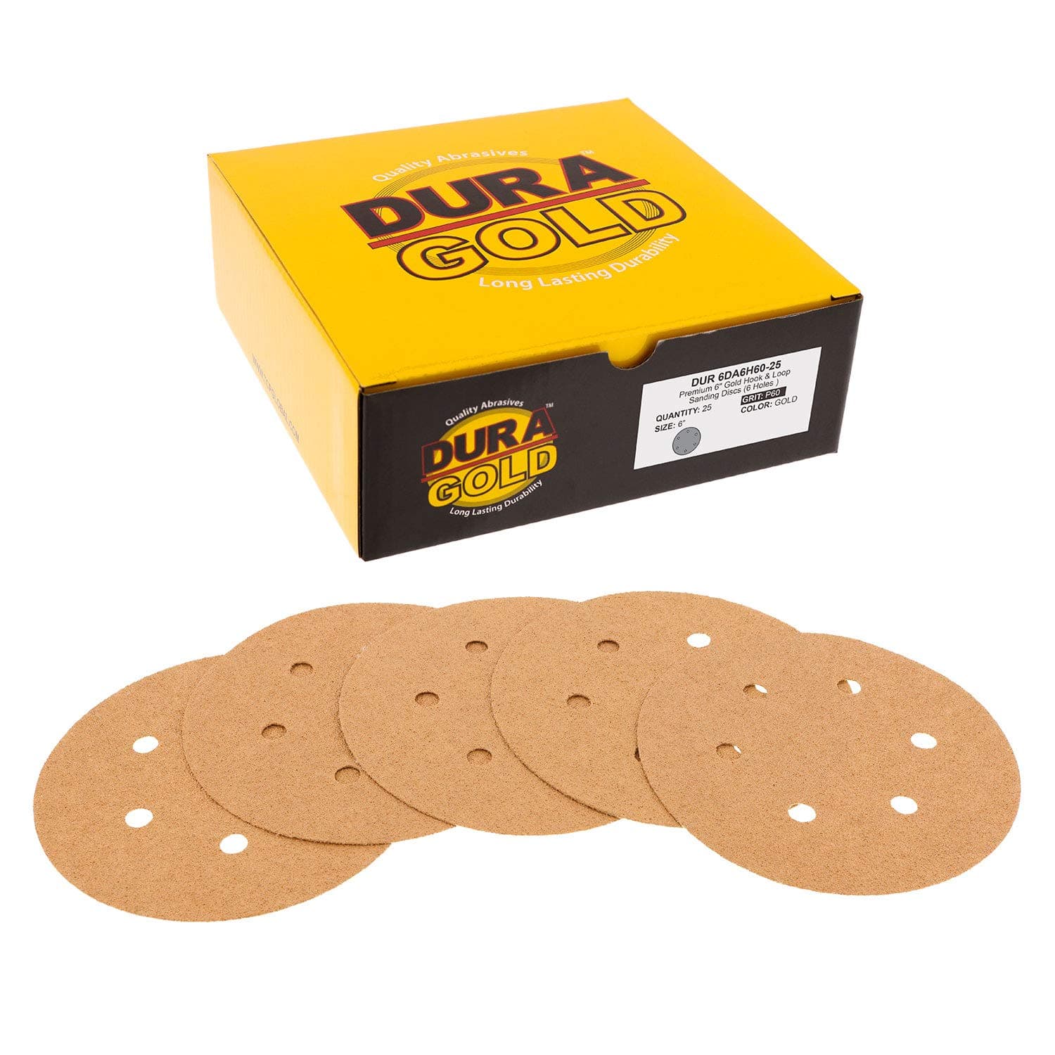 Dura-Gold - Premium - 60 Grit 6" Gold Hook & Loop 6-Hole Sanding Discs for DA Sanders - Box of 25 Sandpaper Finishing Discs for Automotive and Woodworking