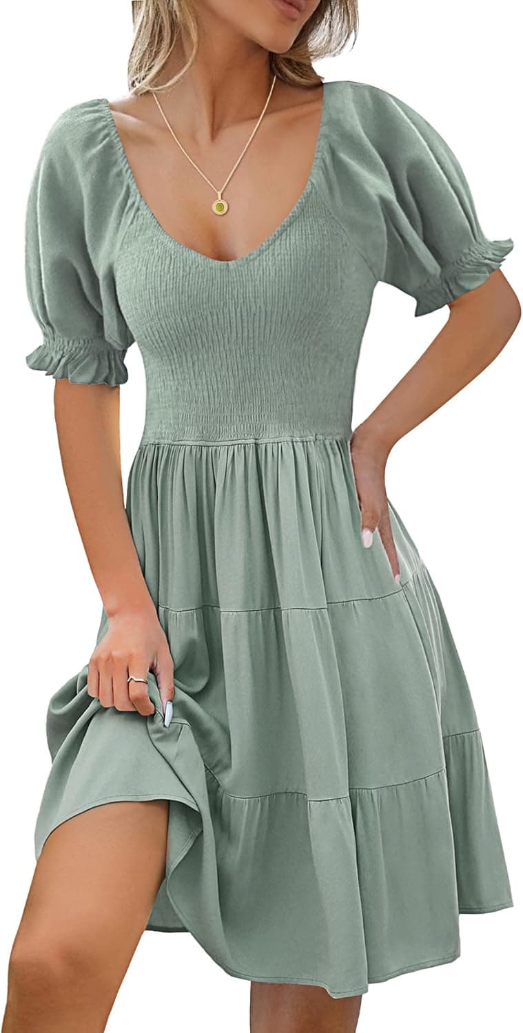Kenaque Women Smocked Mini Dress Casual Summer Short Sleeve V Neck Shirred Dress