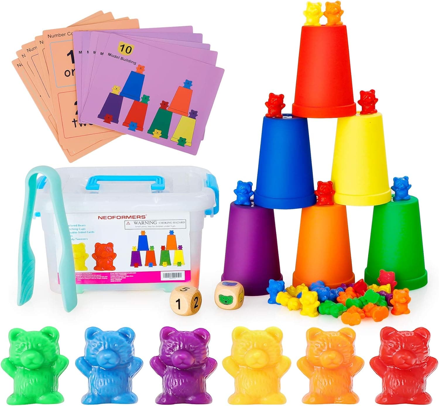 Neoformers Counting Bears with Matching and Sorting Cups, Preschool Math Learning and Color Recognition Games, STEM Educational Toy for Toddlers, Bonus 1 Tweezers, 2 Dices and 10 Activity Cards