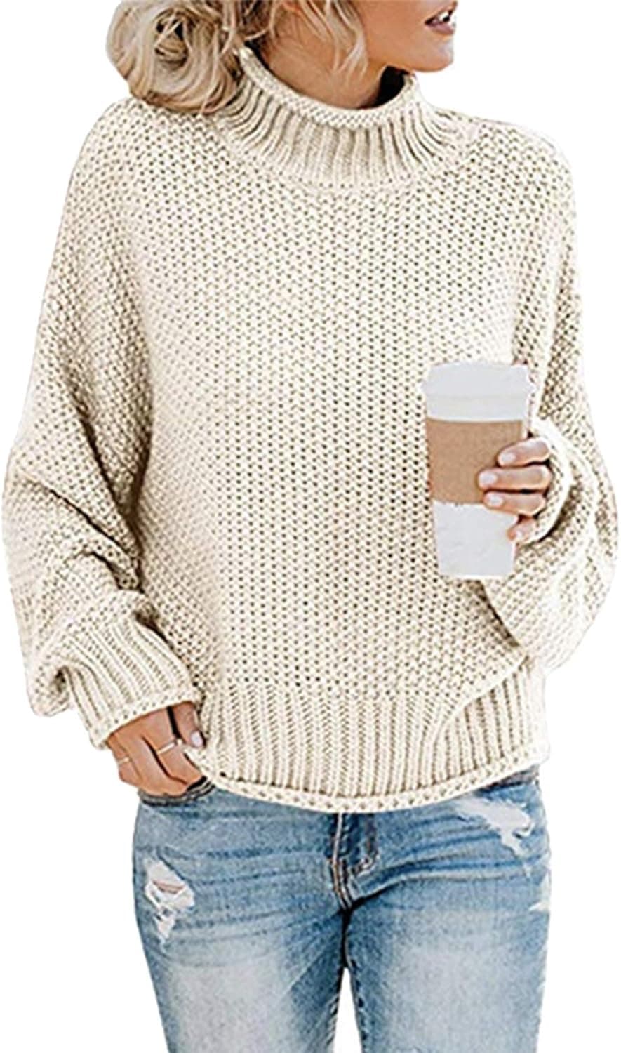 VENCANN Womens Turtleneck Sweaters Batwing Long Sleeve Oversized Pullover Loose Chunky Knit Jumper