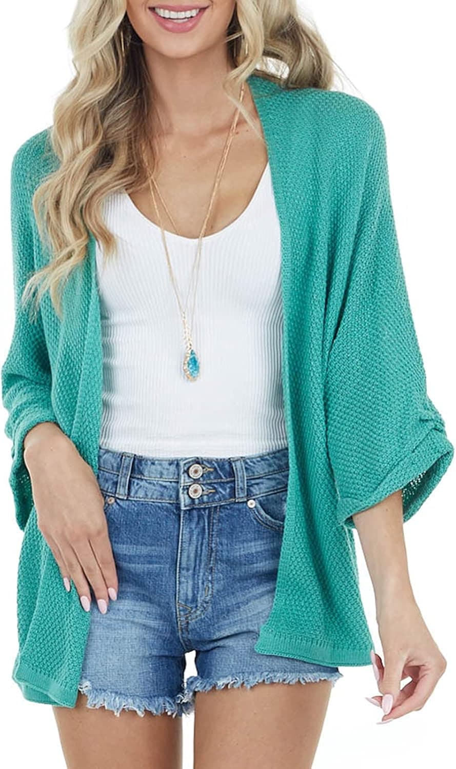 HOSIKA Women's 3/4 Sleeves Open Front Solid Color Casual Loose Lightweight Knit Cardigans Sweater