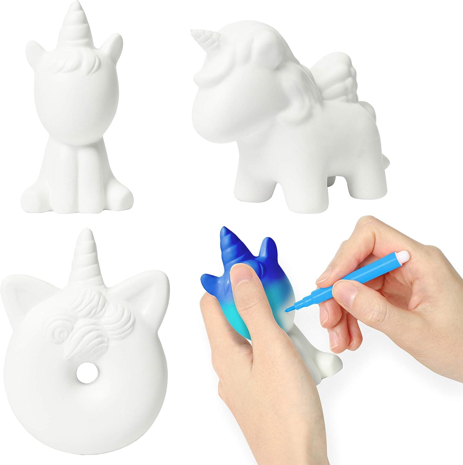 MALLMALL6 3Pcs DIY Slow Rising Unicorn Novelty Squeeze Kit Blank Art Crafts Kits for Kids White Set to Paint with 12 Colored Pen Sweet Creamy Scented Kawaii Soft Stress Relief Toys