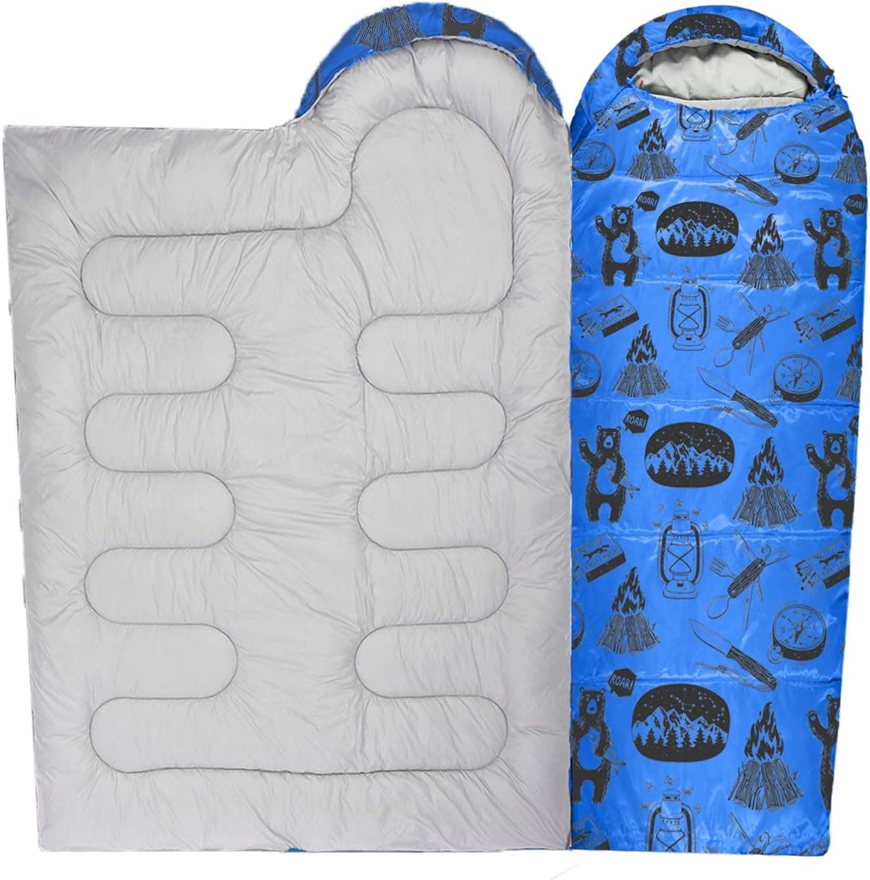 ANJ Outdoors Youth and Kids Sleeping Bag | 4 Season Indoor/Outdoor Boys and Girls Sleeping Bag | Mummy Style, Light Weight Sleeping Bags for Kids - Adventure Theme (Blue Kids Double)