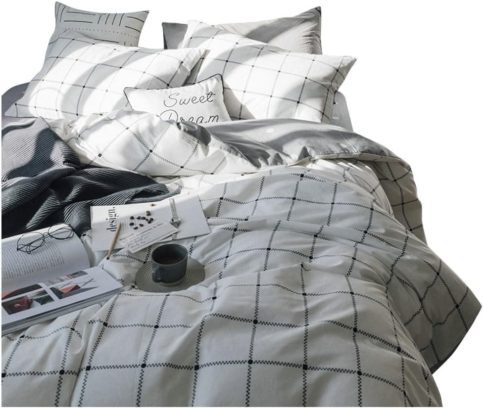 BuLuTu White Grid Print Cotton Full Duvet Cover Sets Reversible Queen Bedding Cover Sets 3 Piece Hidden Zipper Closure with 4 Corner Ties for Kids Boys Girls