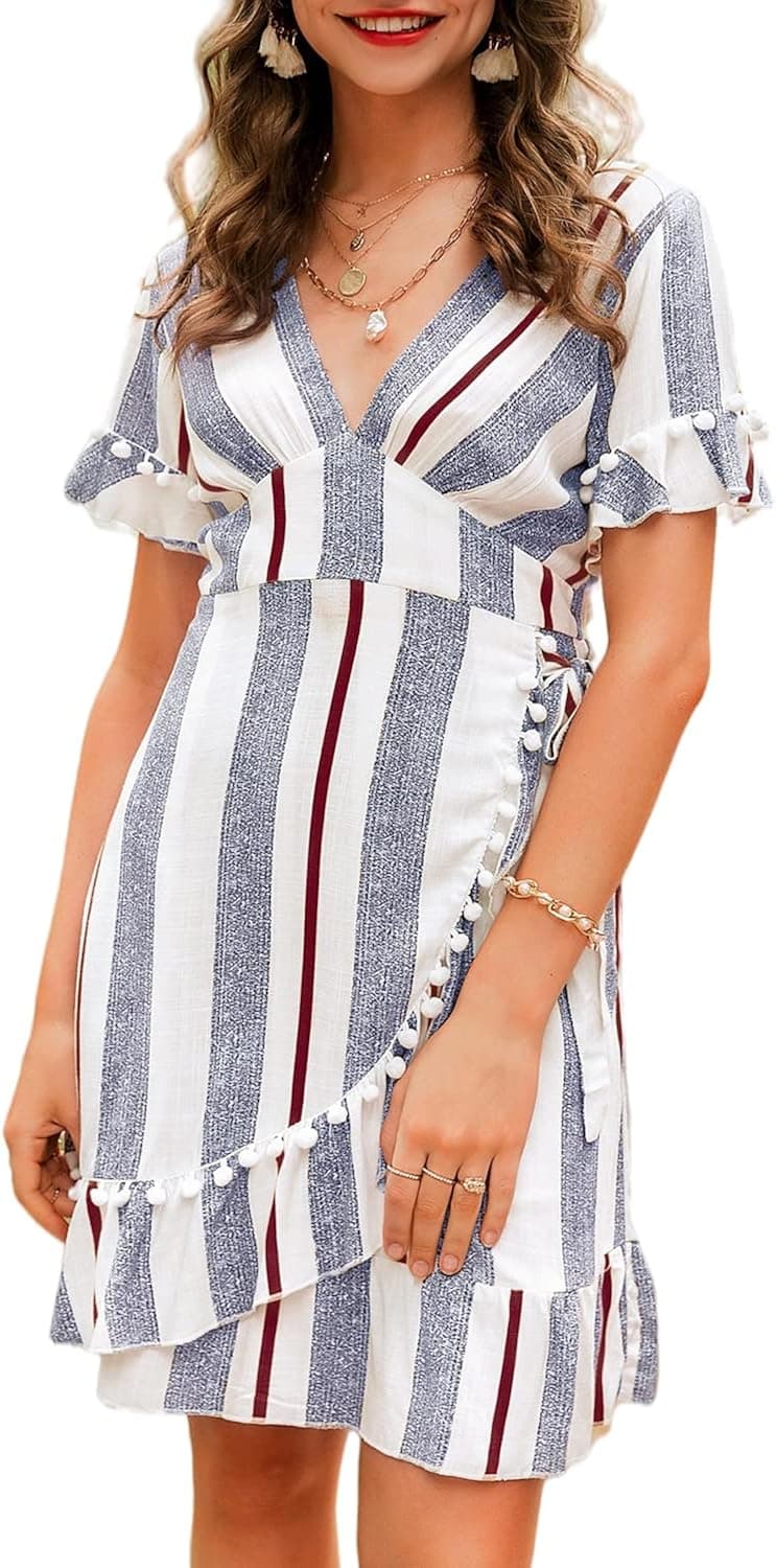Simplee Women Deep A Line Mini Print Dress Stripe Gray