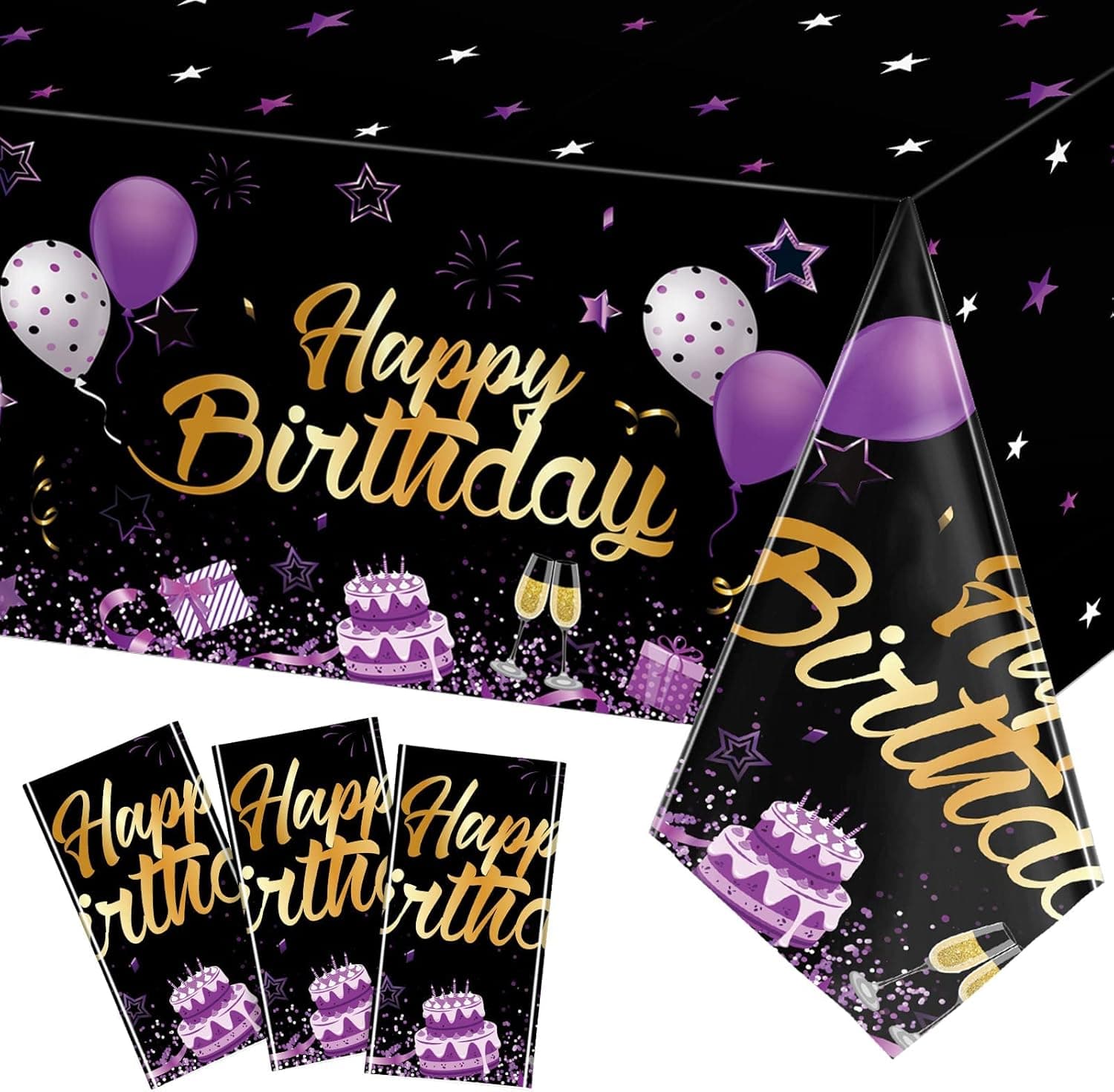 Breling Birthday Party Supplies Confetti Sprinkles Happy Birthday Tablecloths Starry Table Covers for Kids Adults Birthday Party Decorations, 54 x 108 Inches (Purple and Black)
