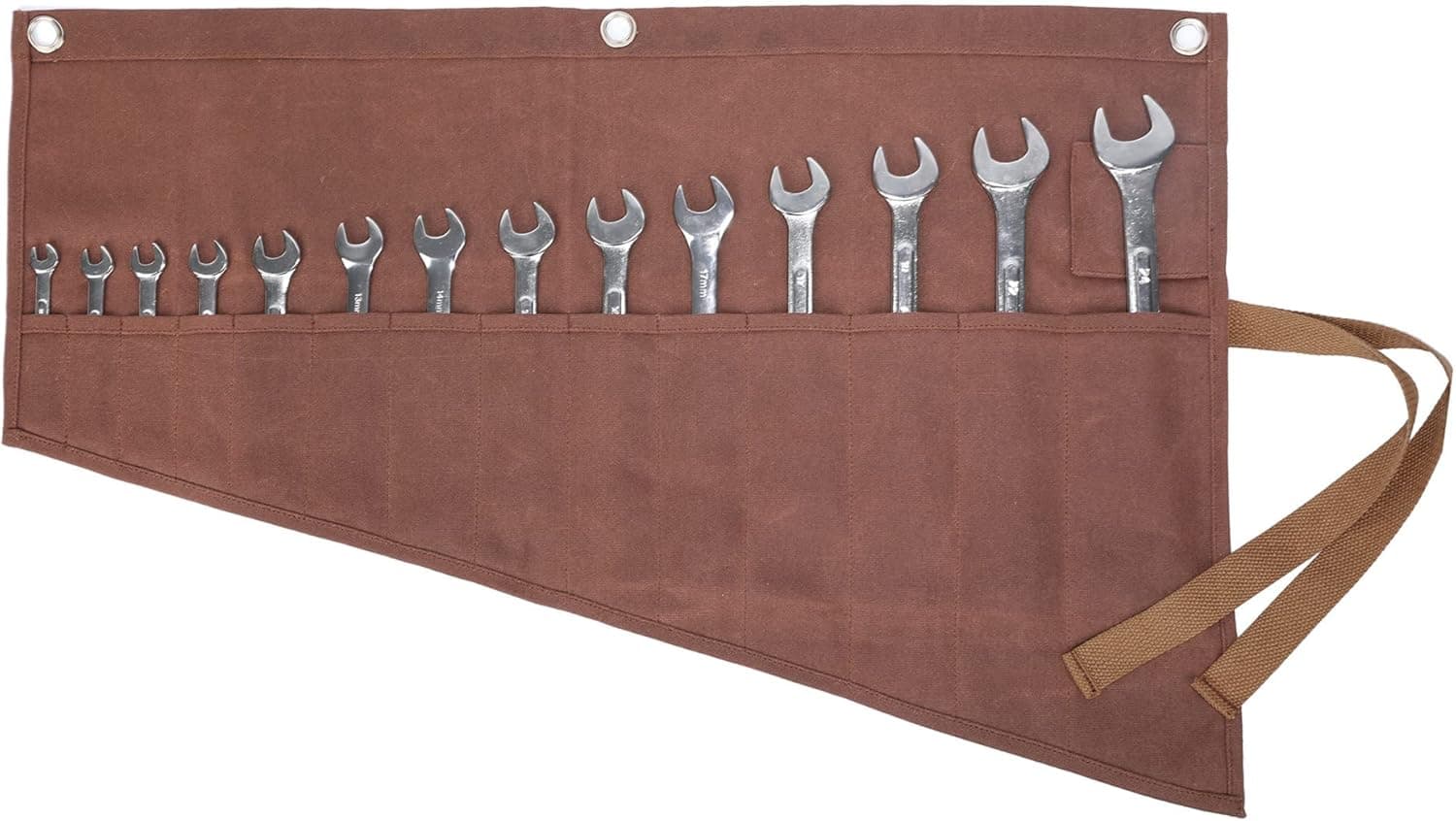 Roll Up Tool Bag, Multi-purpose Wrench Roll Pouch With Strap, Heavy Duty 16oz Waxed Canvas tool Organizer Bag,Durable and Waterproof (Brown)