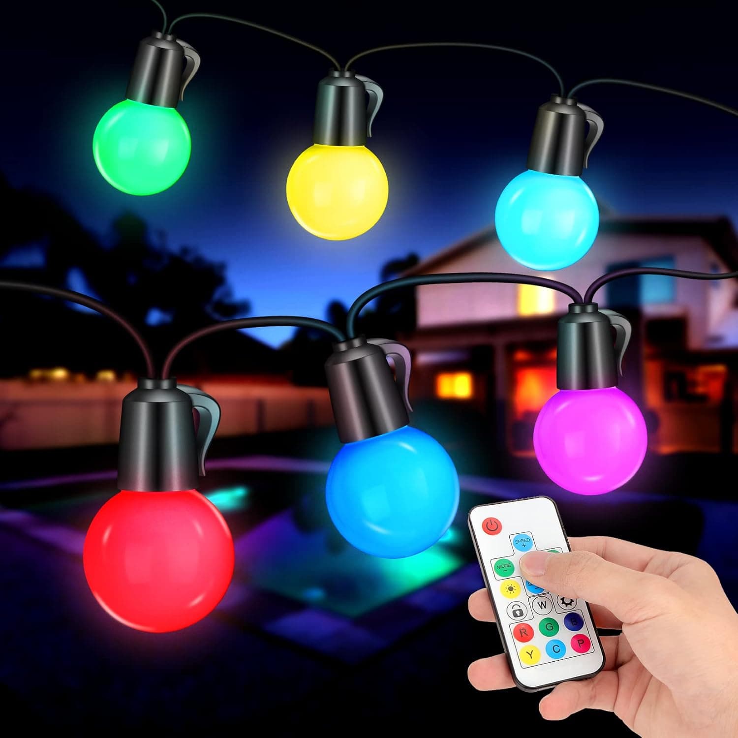 bebuonlux 48FT Outdoor RGB Color Changing LED String Lights with 25pcs G40 Dimmable Patio Light Waterproof Shatterproof Linkable Outdoor Lighting for Backyard Cafe Party Garden with Remote