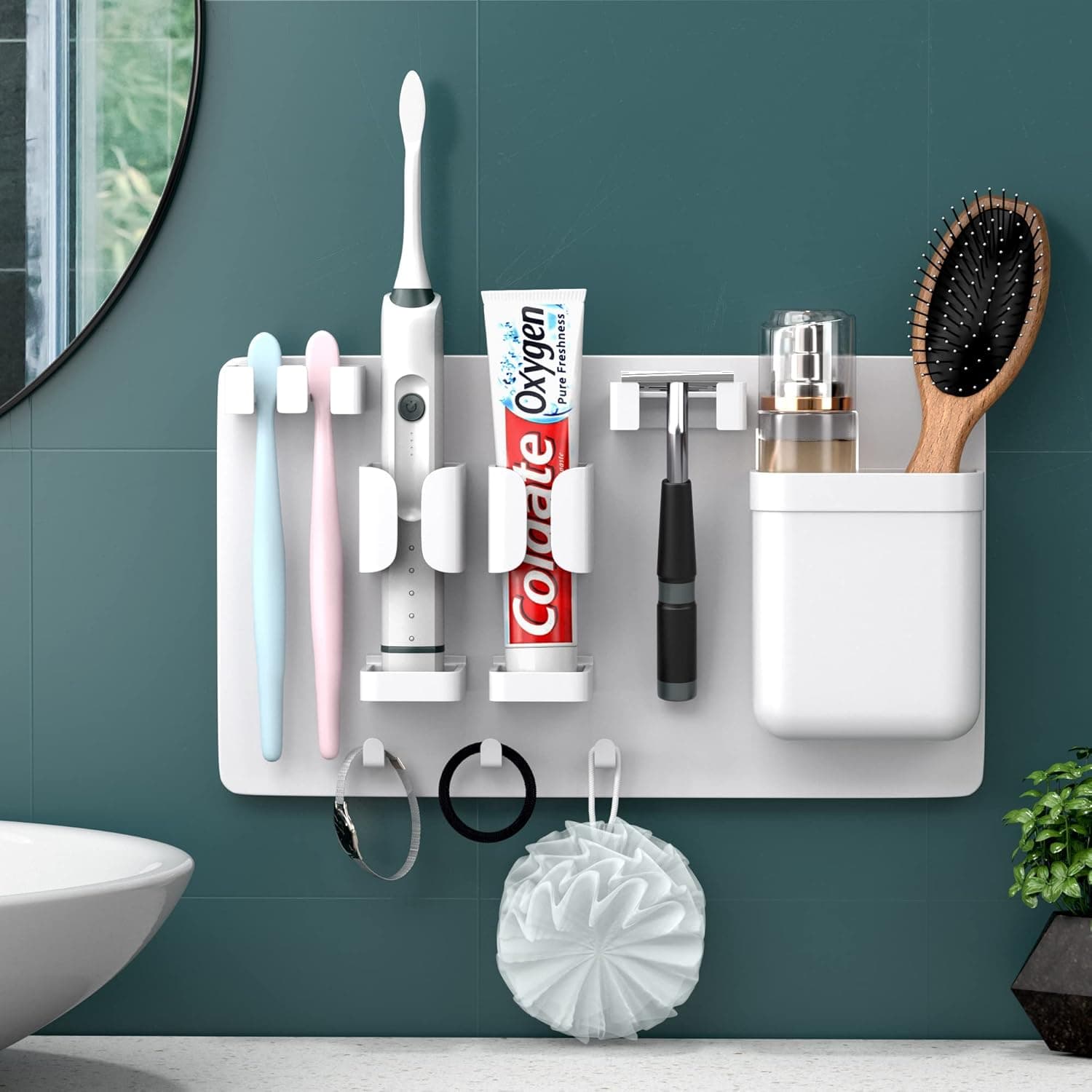 Ostrat Tumblermole Toothbrush Razor Holder Wall Mounted for Shower,Bathroom,Adhesive Electric Tooth Brushing Holder & Hooks for Loofah/Toothpaste/Shaver, White