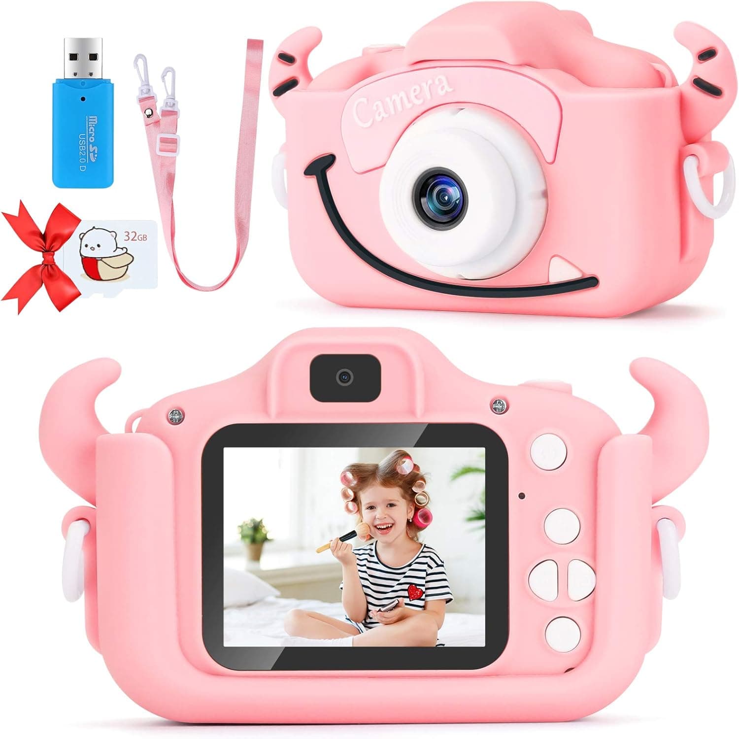 SDYXJ Upgrade Kids Selfie Camera, Christmas Birthday Festival Gift for Toddler Age 3-10 Years Old, Cute Horn 1080P HD 2 Inch Digital Video Camcorder Girl Children with 32GB SD Card-Pink