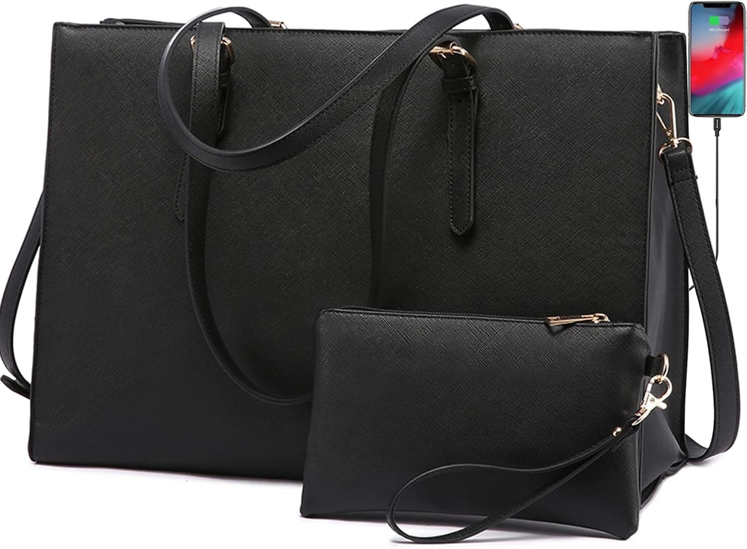 LOVEVOOK Laptop Bag for Women, Fashion Computer Tote Bag Large Capacity Handbag, Leather Shoulder Bag Purse Set, Professional Business Work Briefcase for Office Lady 2PCs, Fit 15.6 Inch Laptop, Black