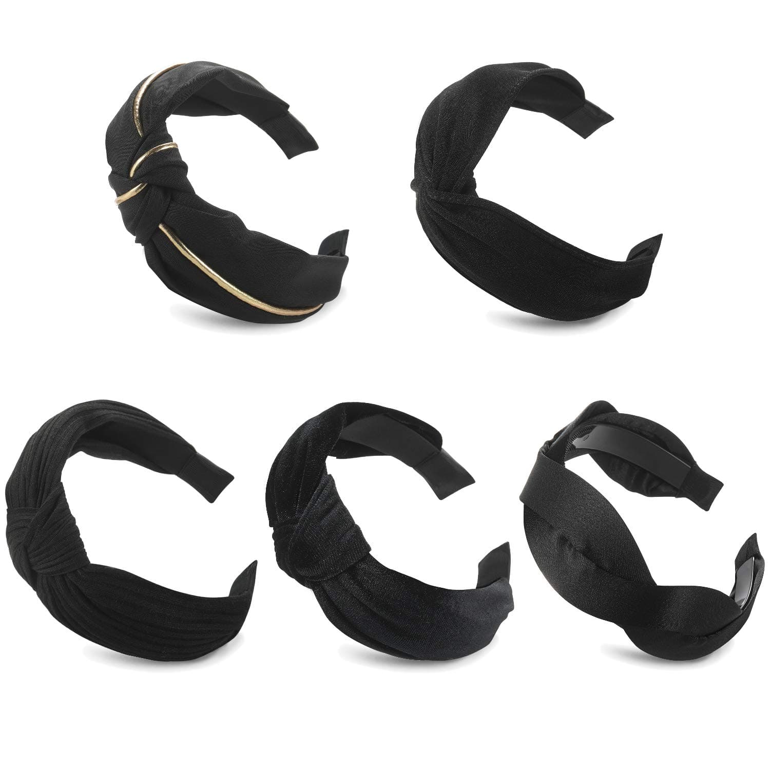Black Headbands for Women Girls, Funtopia 5 Pcs Wide Plain Turban Headband Knotted Headbands with Cloth Wrapped, Fashion Cross Knot Hair Bands for Party and Daily Wearing