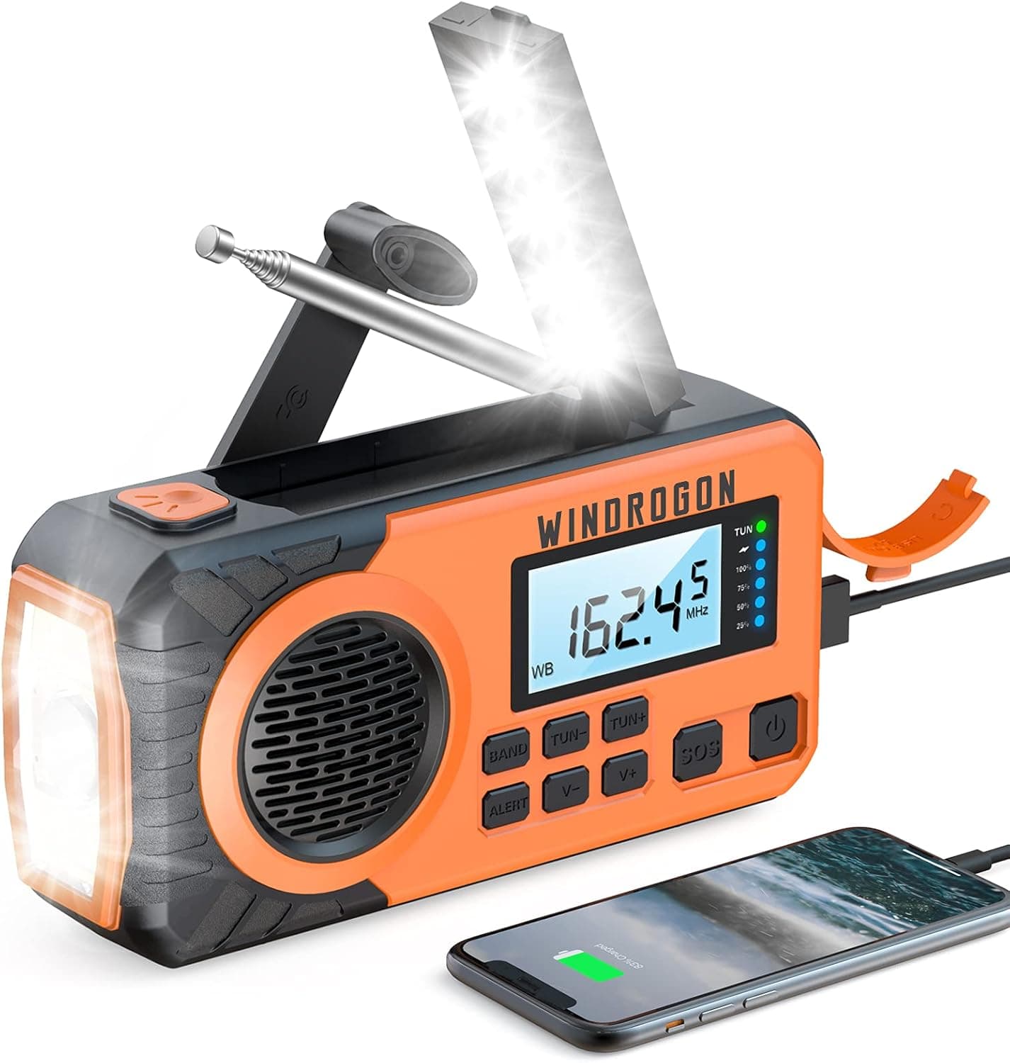Emergency Radio 5000,WinDrogon NOAA Weather Radio, Hank Crank Power AM/FM Radio, Portable Solar Hand Crank Radio with Flashlight & Reading Lamp & Cell Phone Charger, SOS Alarm (Oragnge)