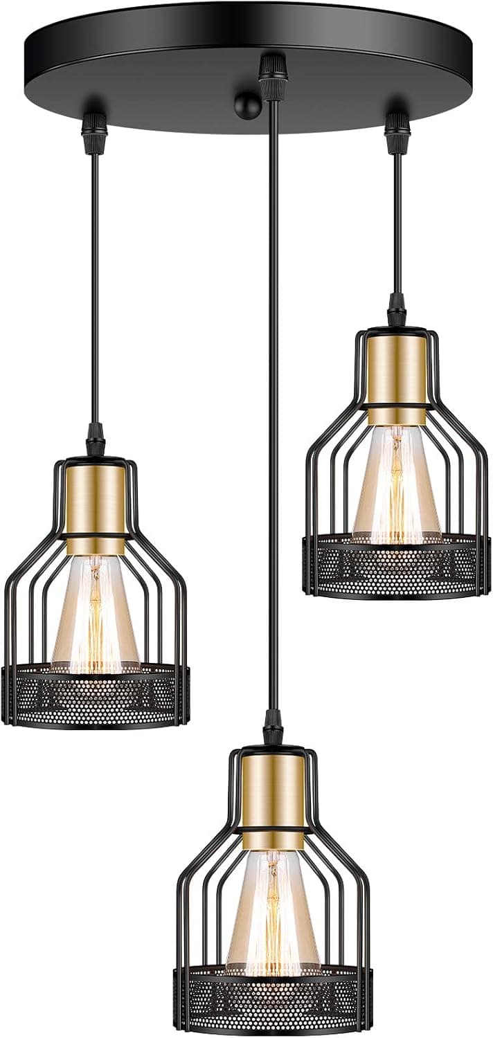 3-Light Industrial Pendant Lighting, Adjustable Vintage Hanging Ceiling Light Fixtures,Farmhouse Rustic Pendant Light with Metal Caged for Kitchen Island Dining Room Hallway Hotel Bar, Black&Brass-E26