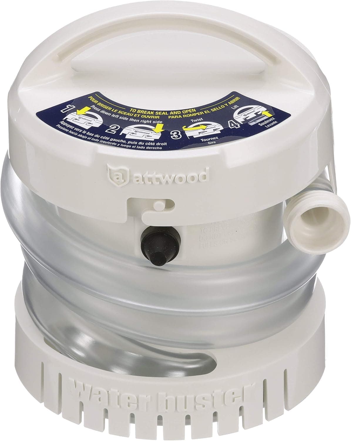Attwood 4140-4 WaterBuster® Portable Pump, Submersible, Battery Powered, 200 GPH, 42-Inch Hose, 5 ¼-Inch Diameter