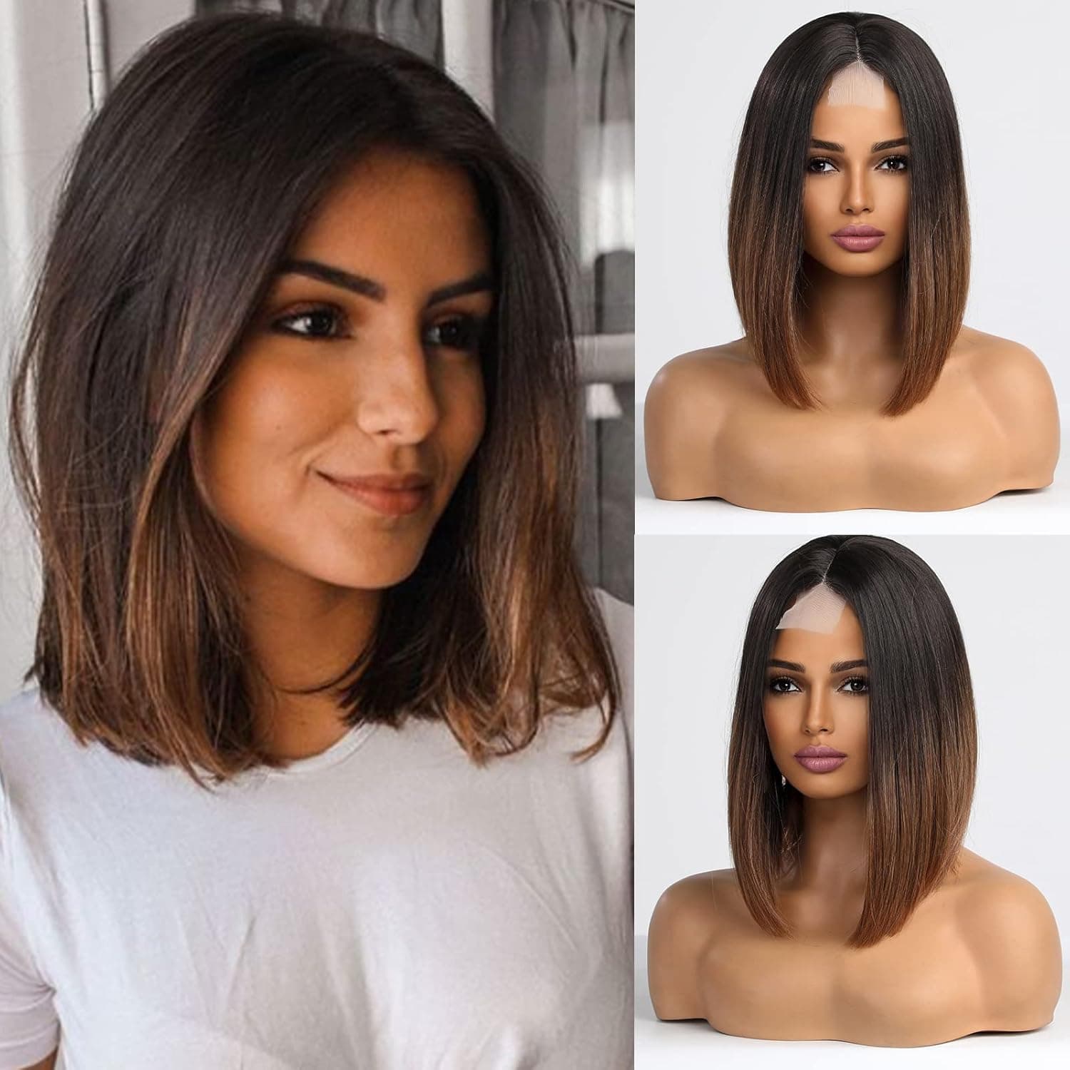 HAIRCUBE Ombre Black Brown Bob Wigs for Women Shoulder Length Straight Lace Wig Synthetic Hair Middle Parting