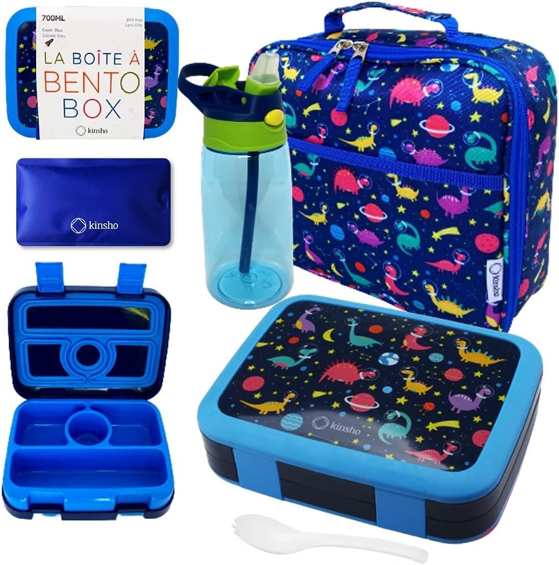Bento Lunch Box with Bag, Water Bottle & Ice Pack Set for Kids Toddlers, 4 Portion Sections, Removable Tray, Pre-School Boy Toddler Daycare Lunches, Insulated Snack Container, Blue Space Dinosaur