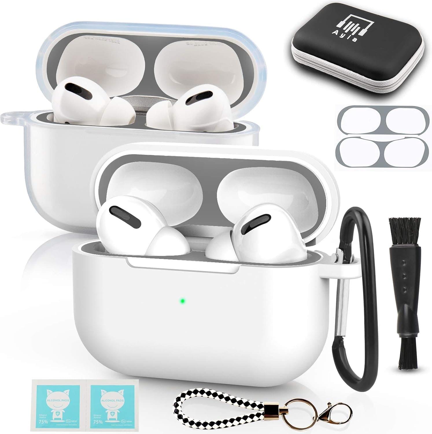 AirPod Pro Case, 8 in 1 AirPods pro Accessories, 2 Pack Ayia Silicone Protective Case Cover for Apple Airpod Pro, Keychain/Cleaning Blush/Dustproof Sticker/Storage Bag/Carabiner/Cleaning Pads(White)