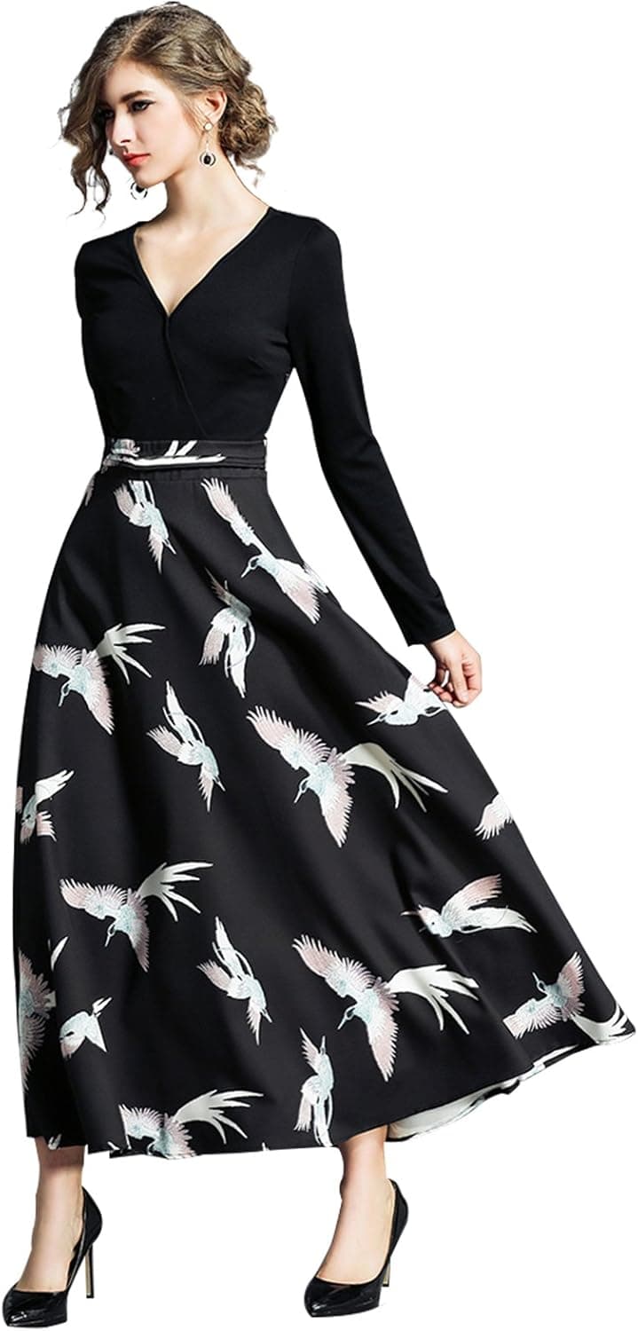ANNA&CHRIS Womens Mixed Media Print Deep V-Neck Long Sleeve Swing Maxi Dress