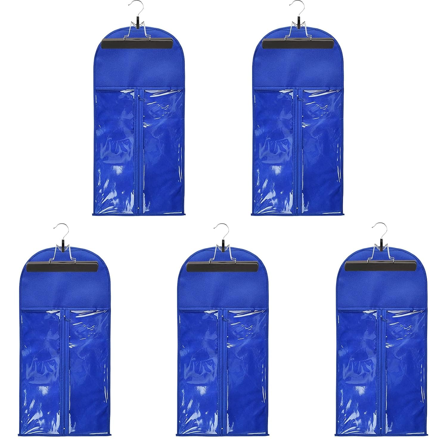 5 Pieces Wig Storage Bag with Wooden Hangers for Professional Hair Extensions Holder Wigs Pouch Dust-Proof Organizer Case (5pcs Dark blue Wig Bags+5pcs Black Hangers)