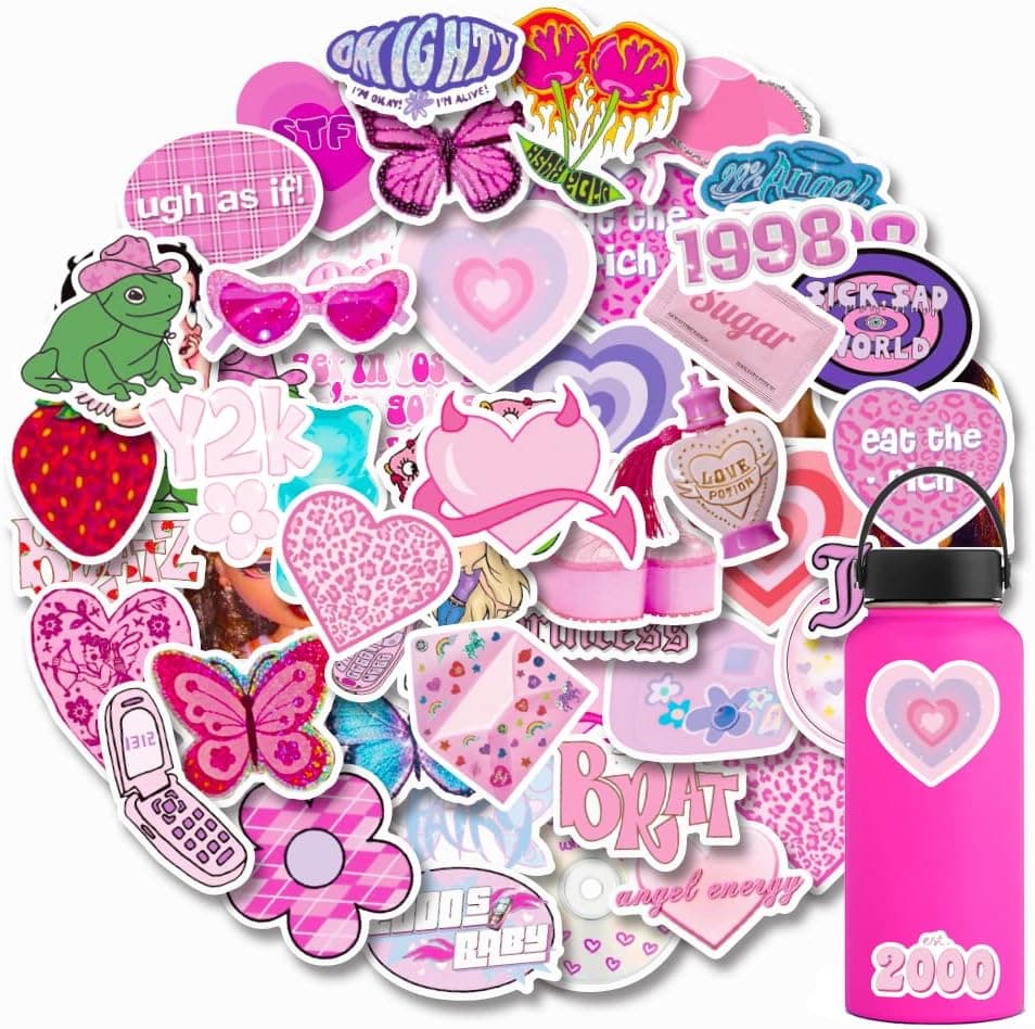 52PCS Y2k Aesthetic Stickers, Cyber 2000s Fashion Sticker,Water Bottles Laptop Car Decal ,Perfect Gifts for Girls and Teenagers Cute Vsco Stickers