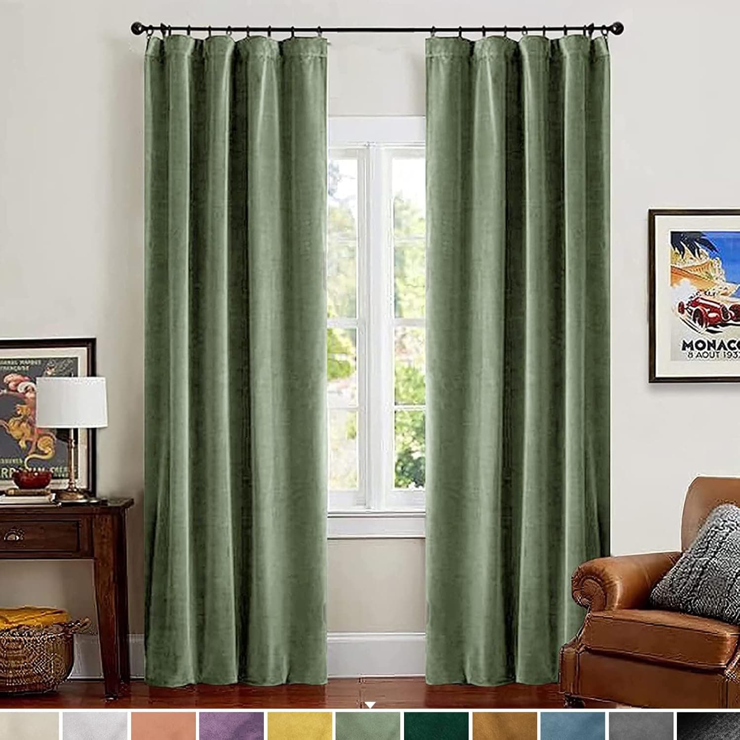 Lazzzy Velvet Curtains Green Thermal Insulated Curtains 96 Inch Long Heavy Duty Drapes Room Darkening Blackout Curtains Bedroom Window Treatment Set of 2 Panels Rod Pocket Sage