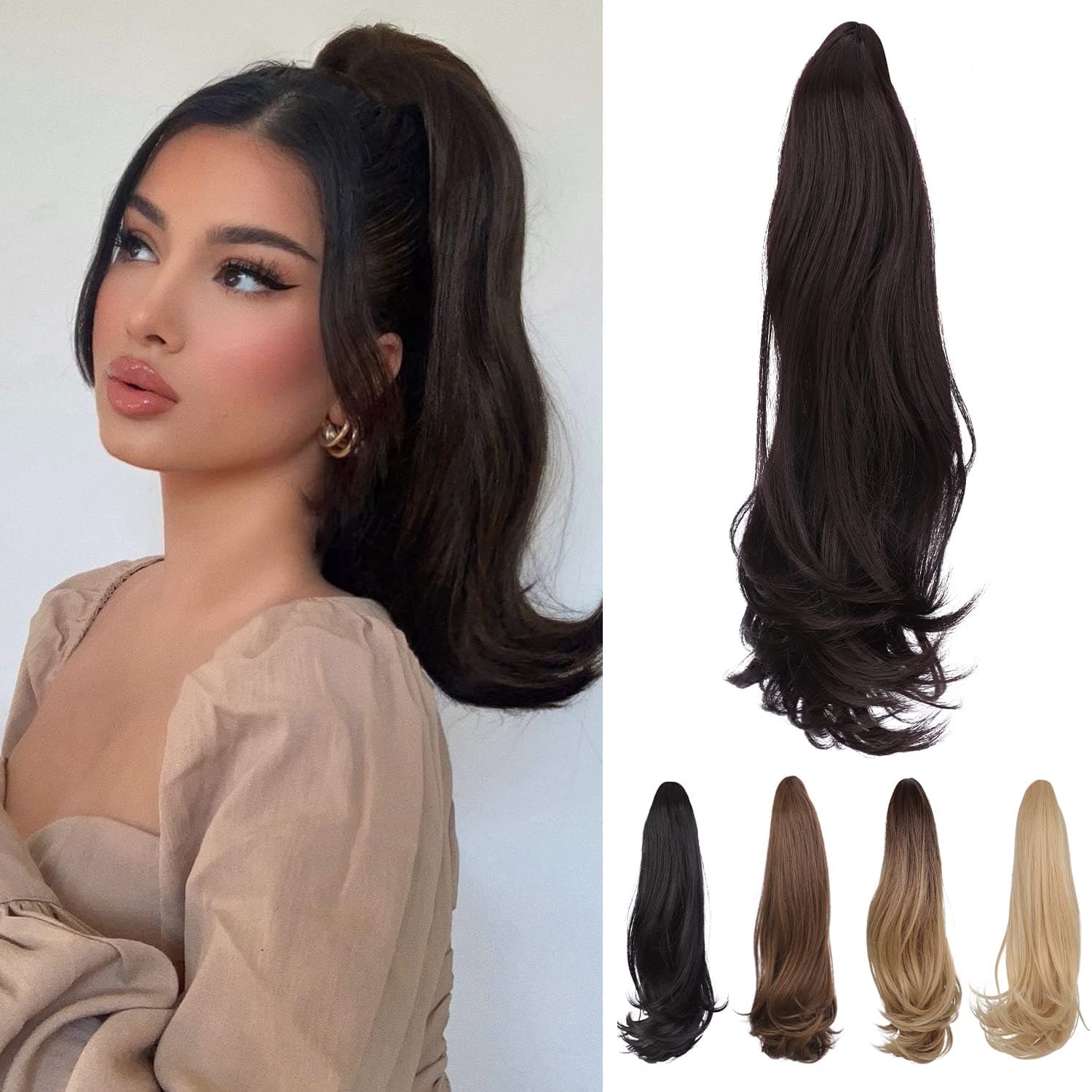 Dark Brown Claw Clip Ponytail Extension for Black Women 14Inch Long Curly Hair Extensions Ponytail Heat Resistant Synthetic Hair Pieces for Women Fake Hair