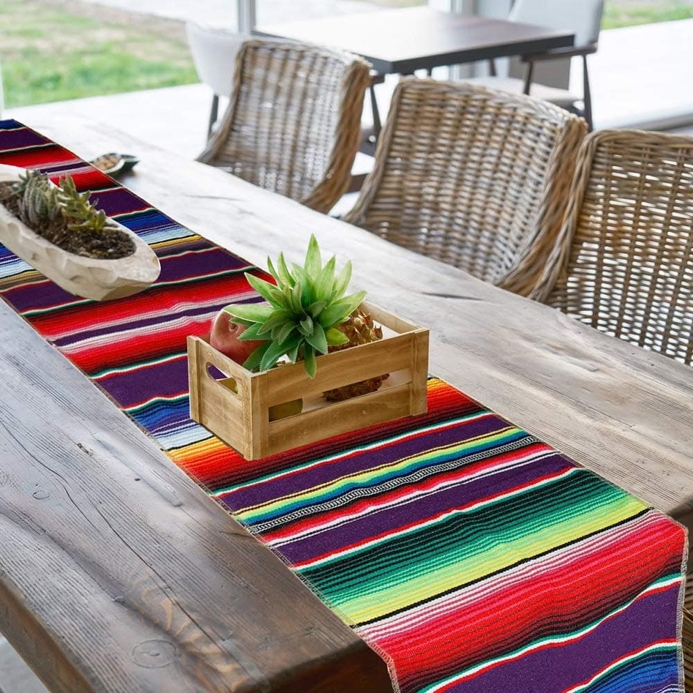 fixinus Mexican Serape Table Runner with Knotted Fringe, 84 x 14 Inch Bright Rainbow Cotton Weaving Blanket Table Cloth Ideal for Mexican Fiesta Party Wedding Decoration