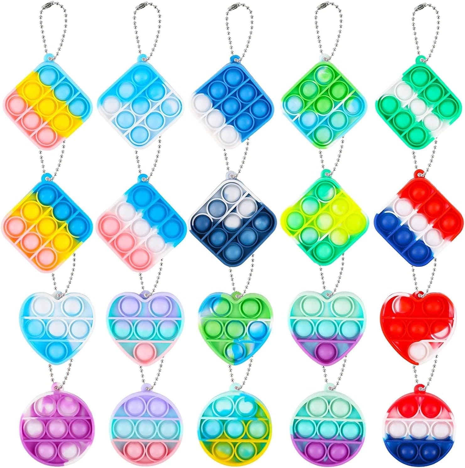 20 Pack Mini Pop Fidget Keychain Party Favors for Kids Valentine's Day Push Bubble Sensory Small Key Chain Hand Toys Bulk Tiny Silicone Stress Relief Toys Square Heart Round
