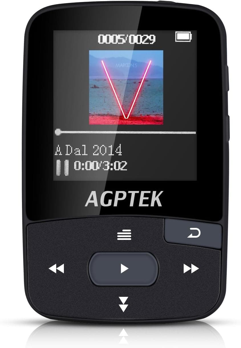 AGPTEK A50 8GB Clip Sport Bluetooth MP3 Player with 1.5-inch TFT Display, Support up to 64GB, Lossless Sound Portable Music Player with FM Radio, Record,Black