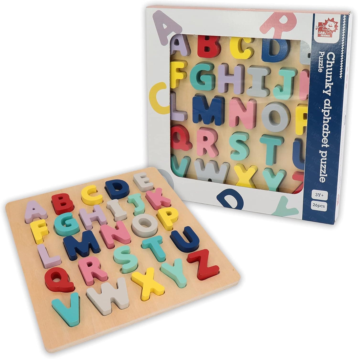 LEO & FRIENDS Chunky Alphabet Puzzle, Wooden Upper Case Letter Board,ABC Jigsaws Chunky Letters Early Learning Toys for Early Educational Learning, Preschool Puzzle Gifts for Baby Boys and Girls