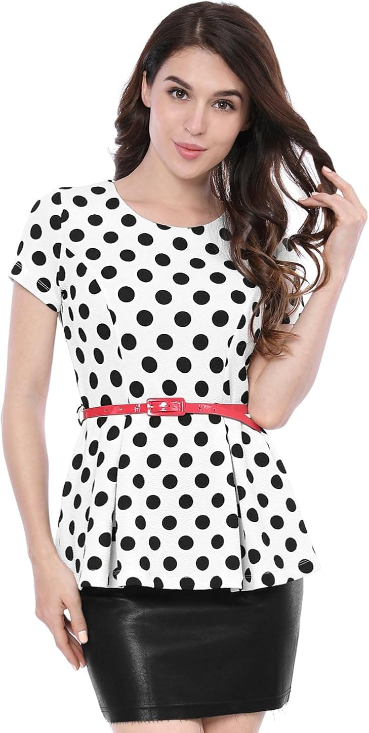 Allegra K Women's Peplum Top Belted Round Neck Contrast Polka Dots Blouse