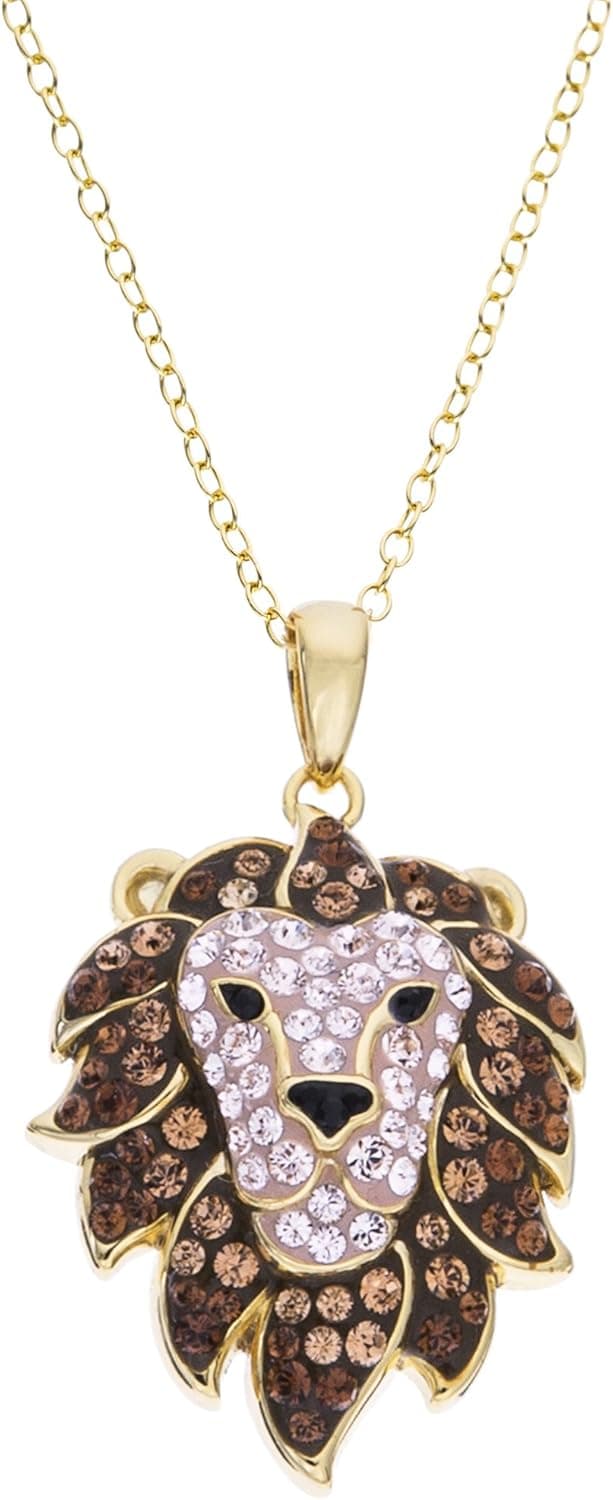 CRYSTALOGY Women’s Jewelry, Sterling Silver Swarovski Crystal Lion Head Animal Leo The Lion Pendant Necklace, 18” Chain