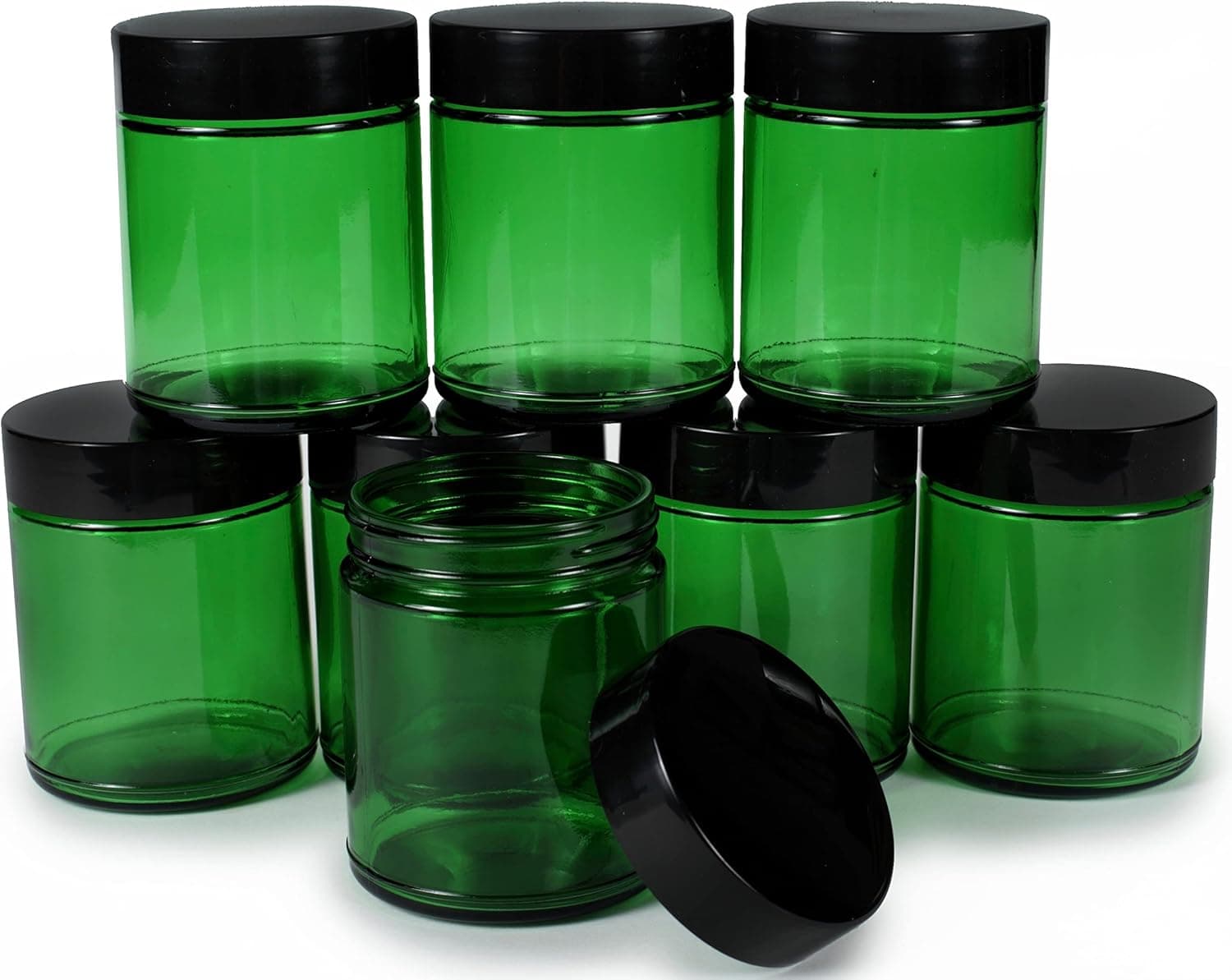 Vivaplex, Green, 8 ounce, Round Glass Jars, with Black Lids - 8 Pack