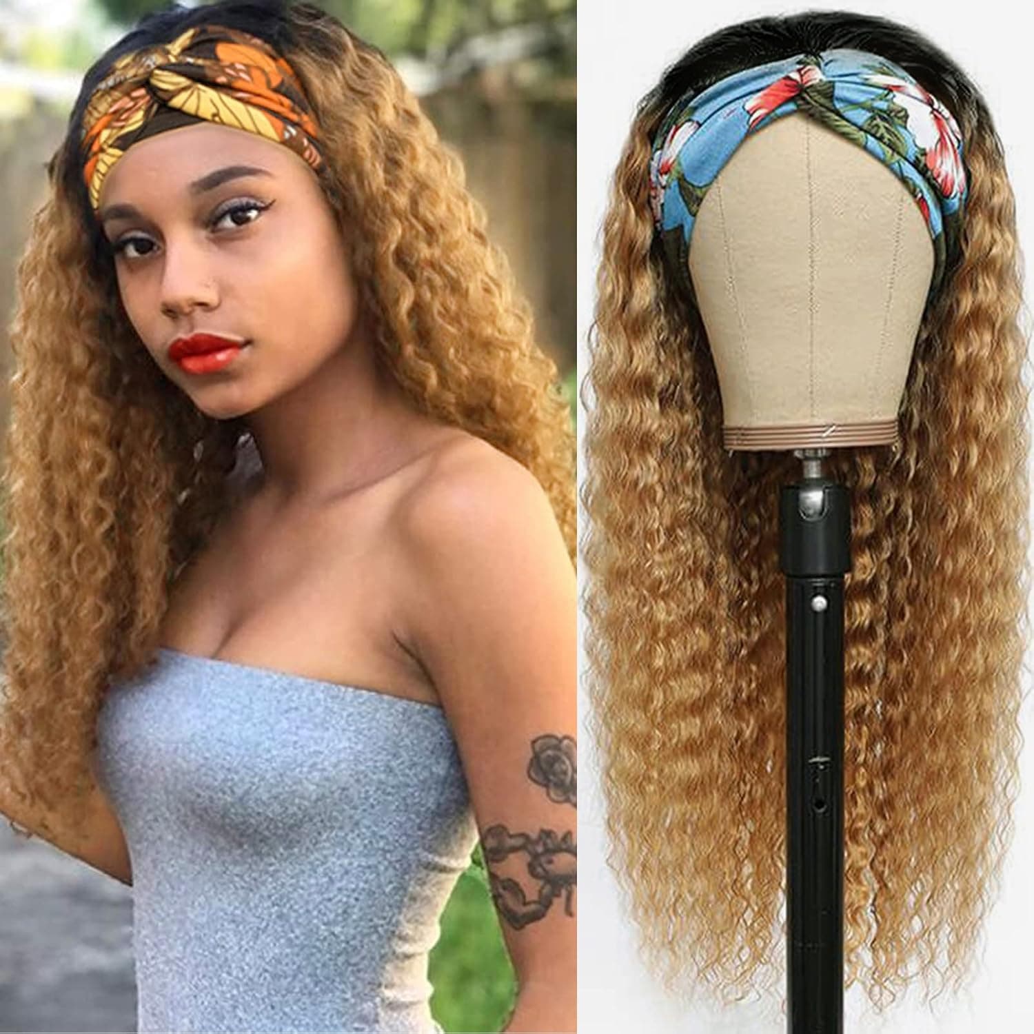 Colored Curly Headband Wigs Human Hair 20 Inch Ombre 1B/27 Natural Black to Honey Blonde Real Remy Hair Half Wigs for Black Women Deep Wave Natural Hair None Lace Front Wigs Headband Attached Glueless