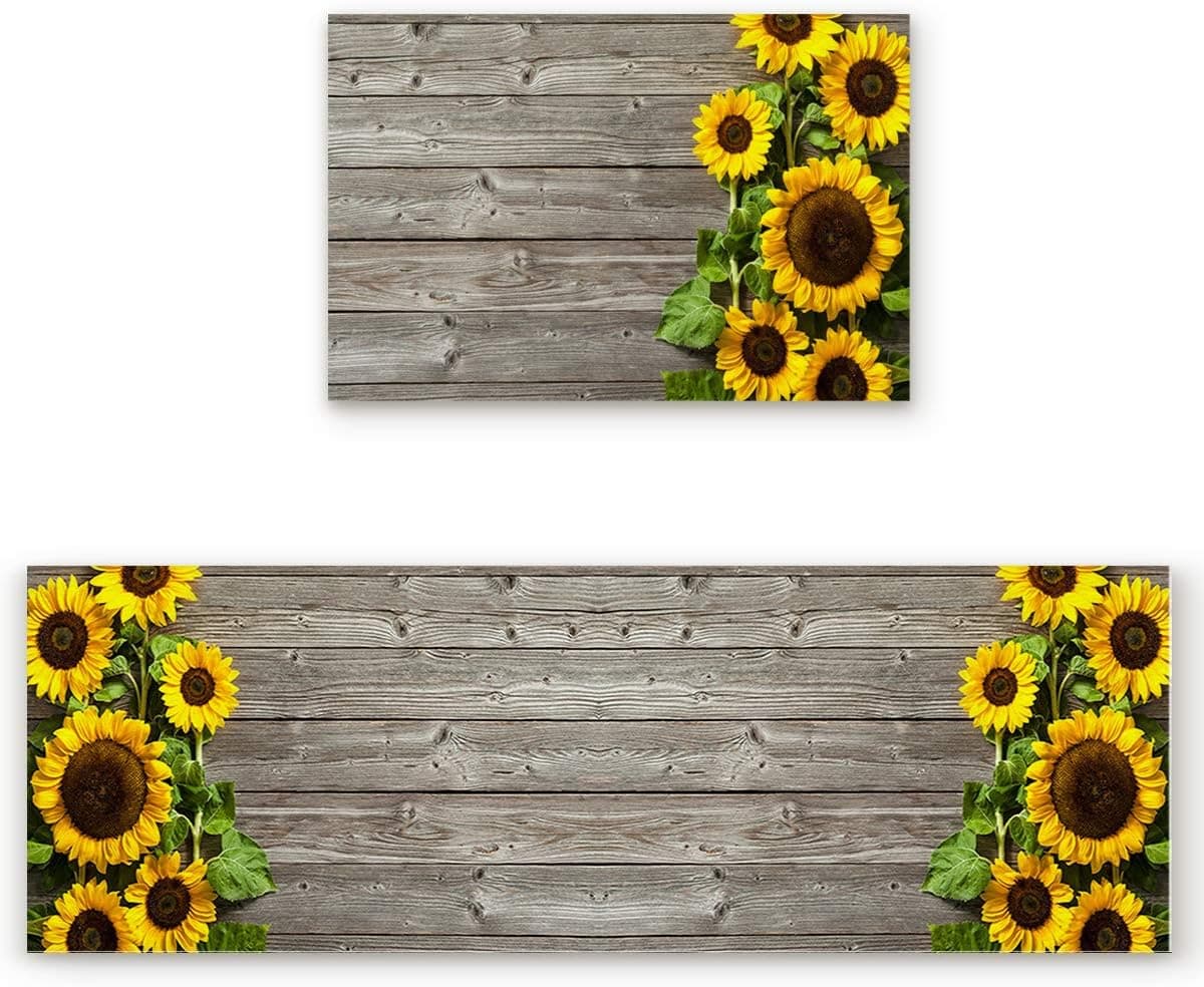 Kitchen Rugs and Mats Non Slip Cushioned Anti Fatigue Machine Washable 2 Pieces Rug Set Kitchen Mats for Floor,Sunflower on Stripe Grey Old Wooden Board (15.7"x23.6"+15.7"x47.2" inches)