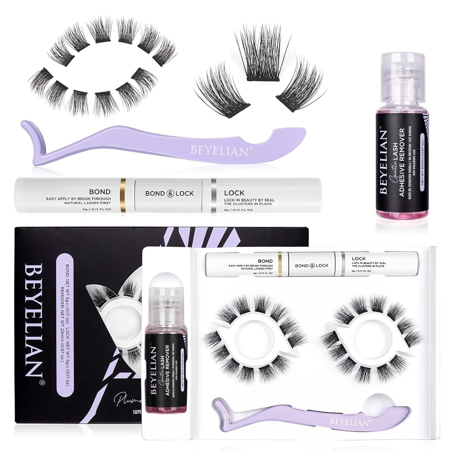 BEYELIAN At Home Eyelash Extension Kit, DIY Eyelash Extension Kit, Individual Eyelash Extensions, Lash Clusters 24 Superfine Band Eyelashes with Bond & Lock, Super Gentle Remover(802, 16 mm)