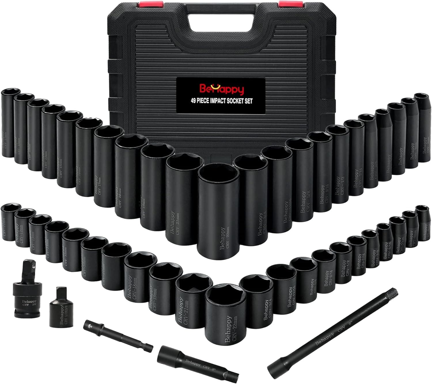 BeHappy 3/8" Drive Impact Socket Set, 49Pcs Socket Sets includes Metric Socket Set (8-22mm), SAE Socket Set (5/16"-3/4"), Deep/Standard, Cr-V Steel, 6 Point, Extension Bars, Universal Joint, Adaptor