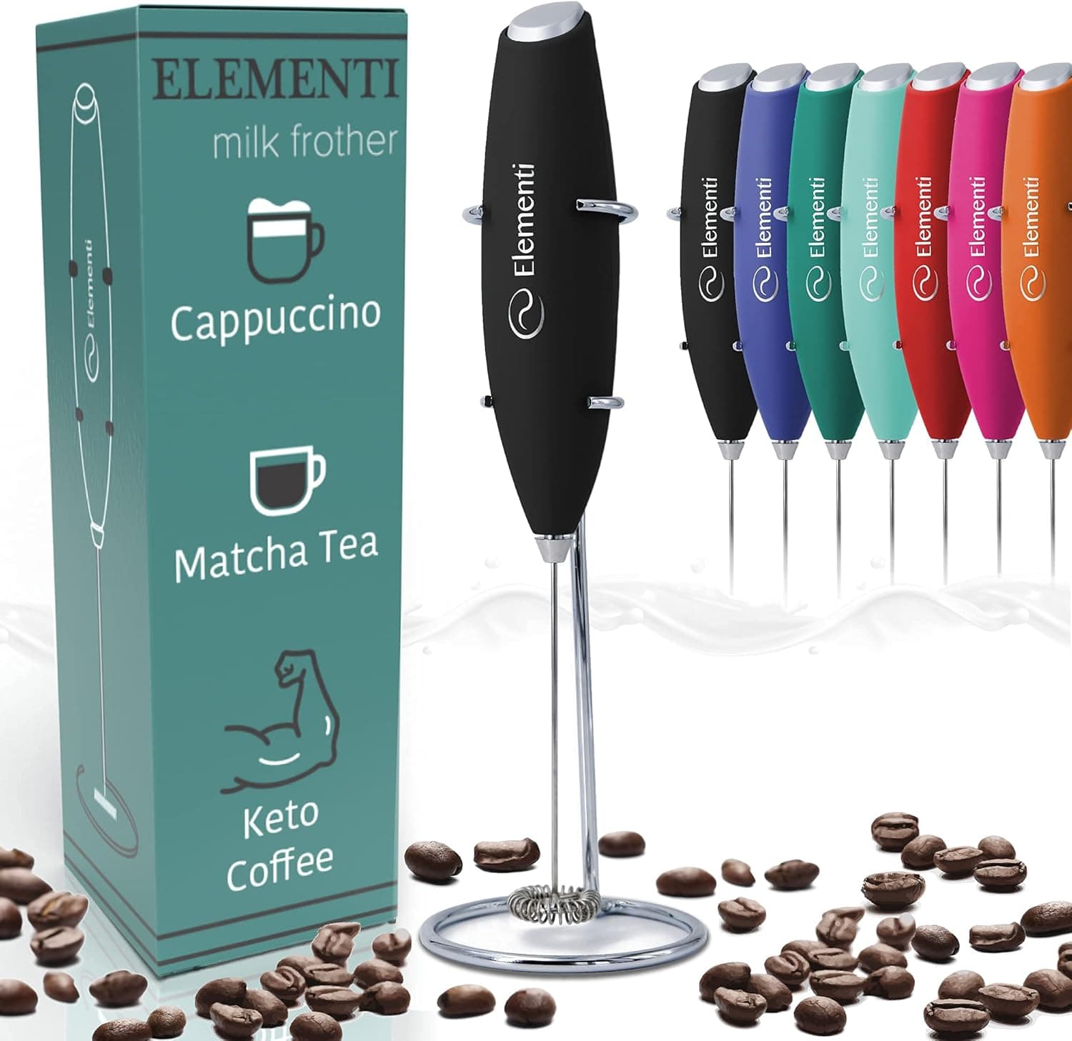 Elementi Milk Frother & Matcha Mixer, Mini Electric Whisk for Coffee, Frother for Coffee, Milk Frother Handheld, Coffee Stirrers Electric Matcha Frother & Hand Whisk (Black)