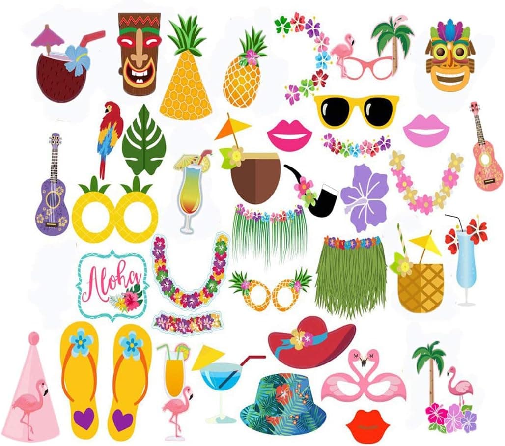 Luau Photo Booth Props Kit, Hawaiian/Tropical/Tiki/Beach/Summer Pool Party Decorations Supplies (36pcs)