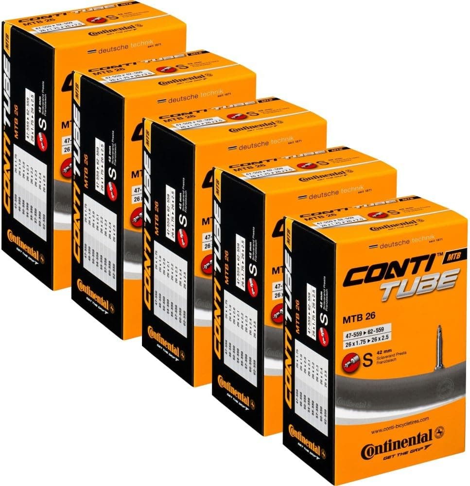 Continental Bicycle Tubes MTB 26, 27.5, 28, 29 (1.75-2.25) Presta Valve 42mm Bike Tube - Value Bundle (Pack of 5) Bicycle Tube