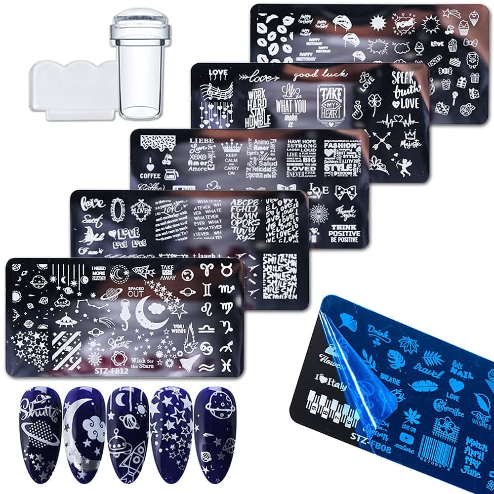 CCFUN Nail Stamper Kit 5 PCS Nail Art Stamping Plate Template with 1 Silicone Stamp 1 Scraper Star Moon UFO Heart Word Letter Love Patterns Nail Art Stamper Template Stencil Nail Salon Supplies