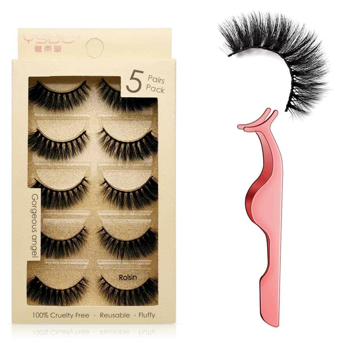 Leipple False Eyelashes 5 Pairs - Professional Reusable 3D Mink Lashes - Handmade Natural Thick Fluffy Fake Eyelashes with Stainless Steel Eyelash Tweezers (Roisin)