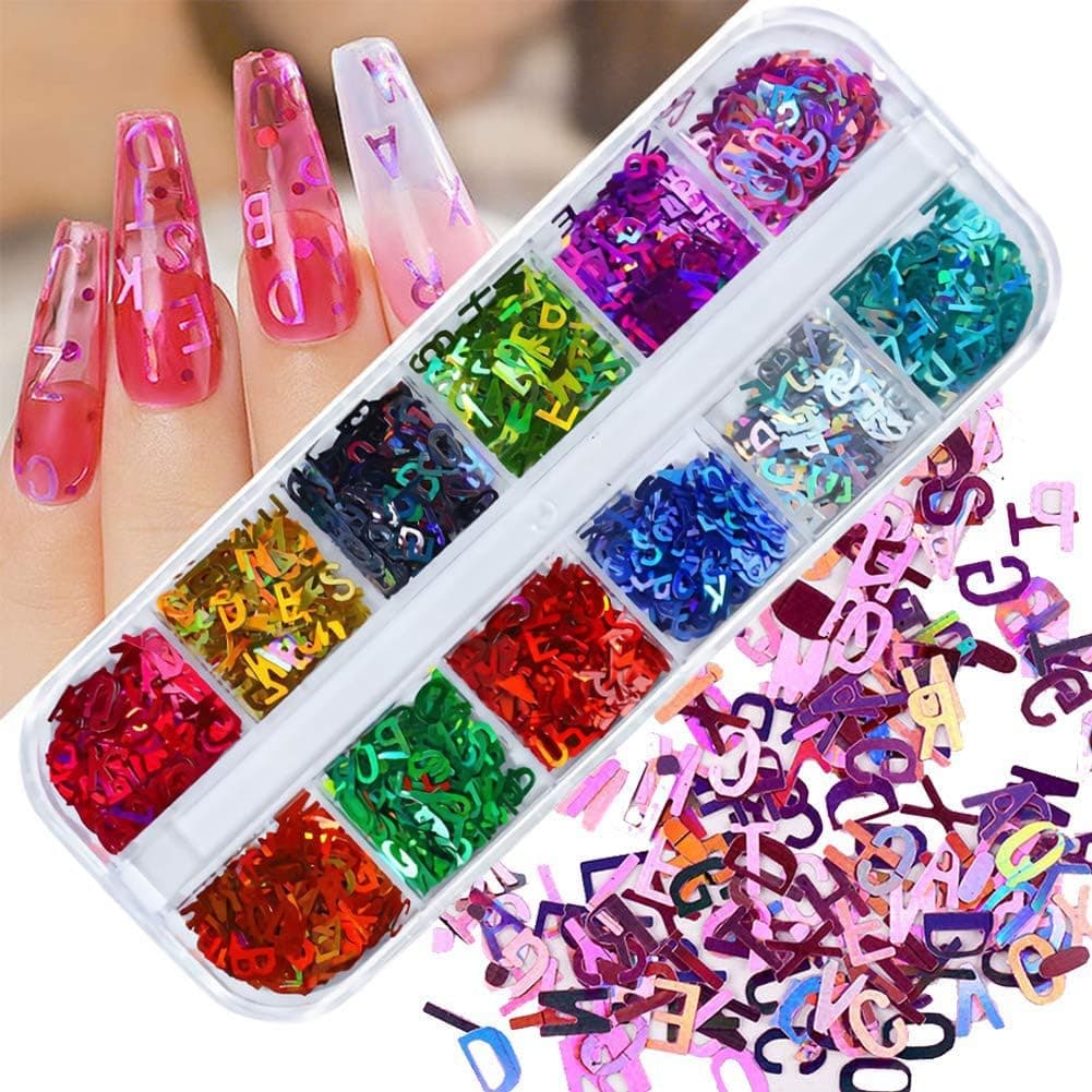 Letter Nail Art Glitter Sequins - 3D Holographic Laser English Alphabet Nail Sequins - 12Colors Nail Decal Letters - Colorful Nail Paillettes Flakes for Acrylic Nail Art Decoration Nail Art Designs
