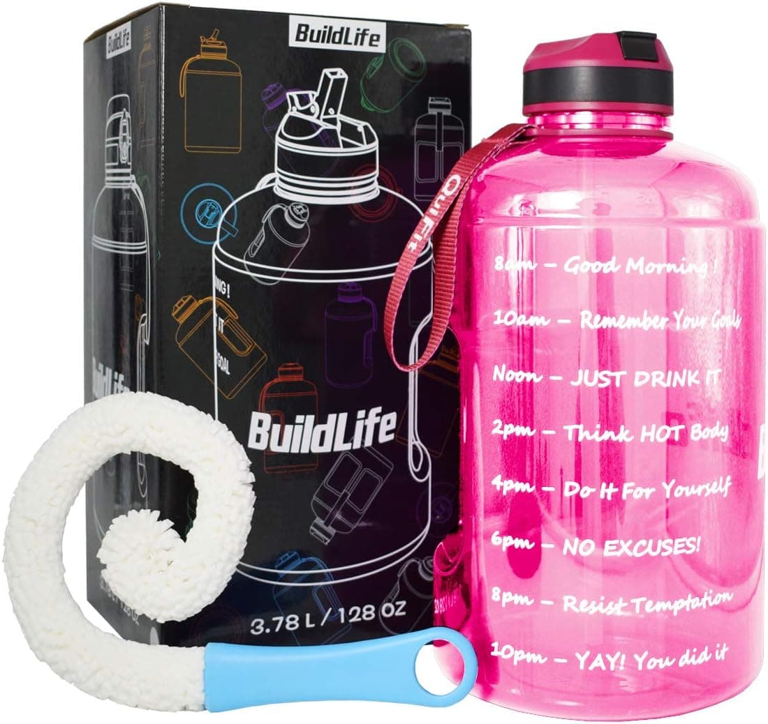 QuiFit Gallon Sport Water Bottle Wide Mouth with Straw Lid Easy Sipping 128 Ounce Motivational Time Marker Encourage You Drinking Enough Water Throughout The Day/Color Box Packaging
