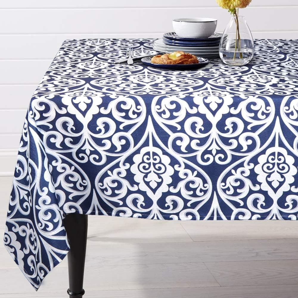 ColorBird Navy Damask Pattern Tablecloth Heavy Weight Polyester Fabric Table Cover for Kitchen Dinning Tabletop Linen Decoration (Rectangle/Oblong, 52 x 70 Inch, Blue)