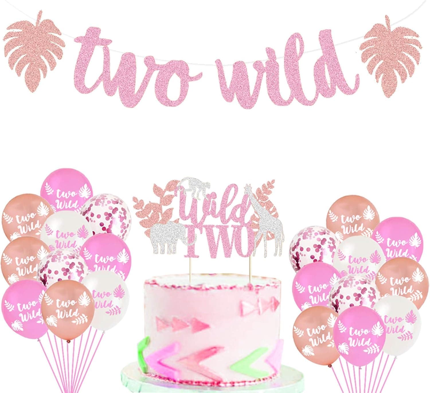 Safari Jungle Animal 2nd Birthday Party Supplies Pink Rose Gold Glittery Two Wild Banners Safari Animal Balloons Zoo Two Cake Topper Jungle Animal Themed Girls 2nd Birthday Party Supplies Decorations