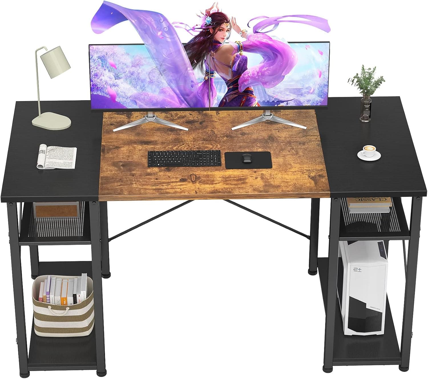 Foxemart Computer Desk with Storage Shelves, 55" Sturdy Office Desk with CPU Stand, Industrial Desk Study Writing Table for Home Office, Vintage Rustic Brown and Black
