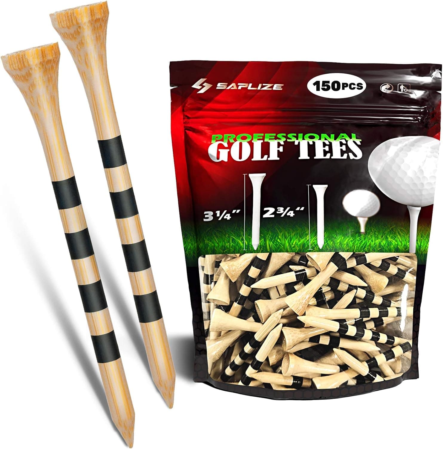 SAPLIZE Bamboo Golf Tees, Pack of 150 (2-3/4'' & 3-1/4'' Available), Reduce Friction & Side Spin, Stable & Durable Natural Biodegradable Professional Golf Tees