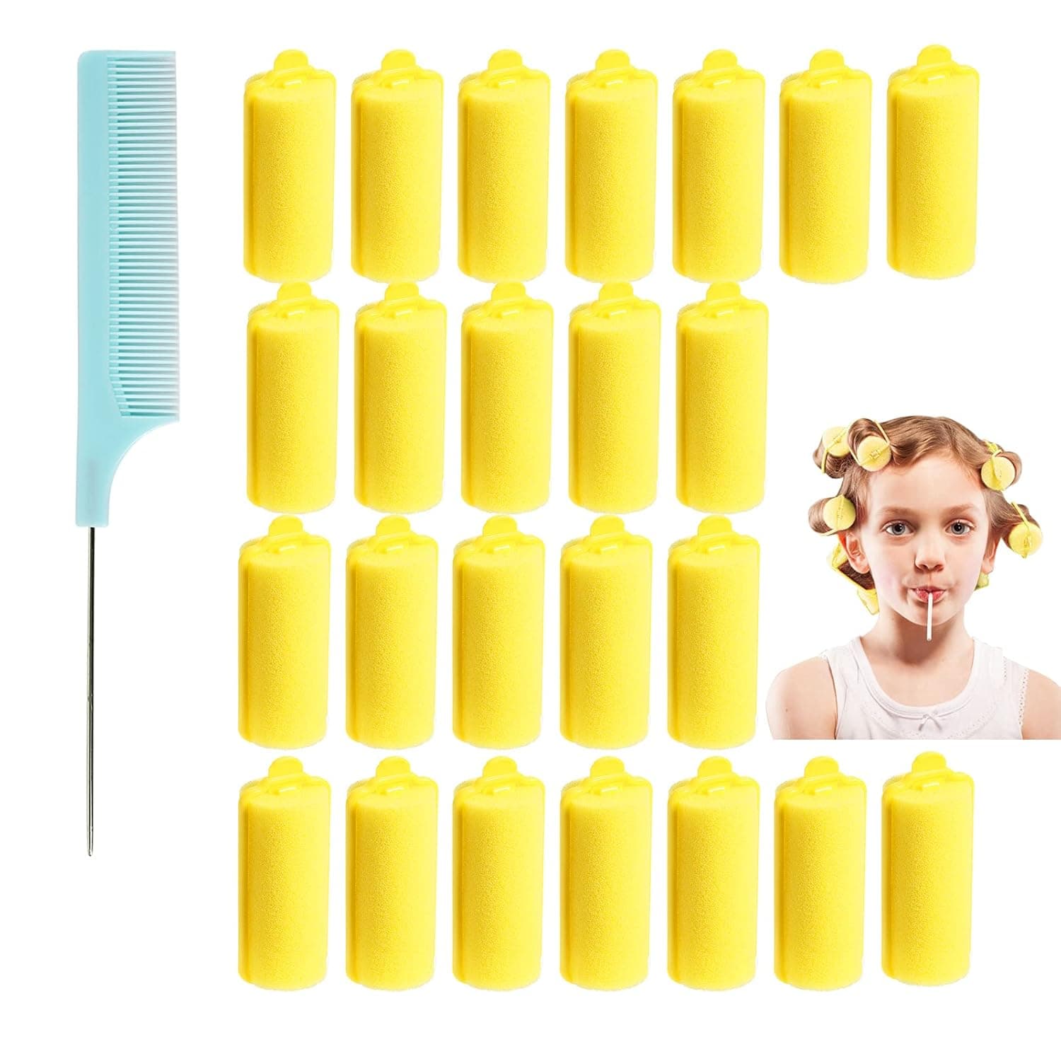 50 Pieces Sponge Hair Rollers,Foam Curlers, Soft Sleeping Hair Curler 0.98 Inch Flexible Hair Styling Tool With Stainless Steel Rat Tail Comb for Hair Styling For Long Hair Short Hair (yellow)